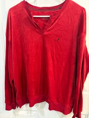 Nautica Red Velour V‑Neck Sweatshirt with Sail Logo